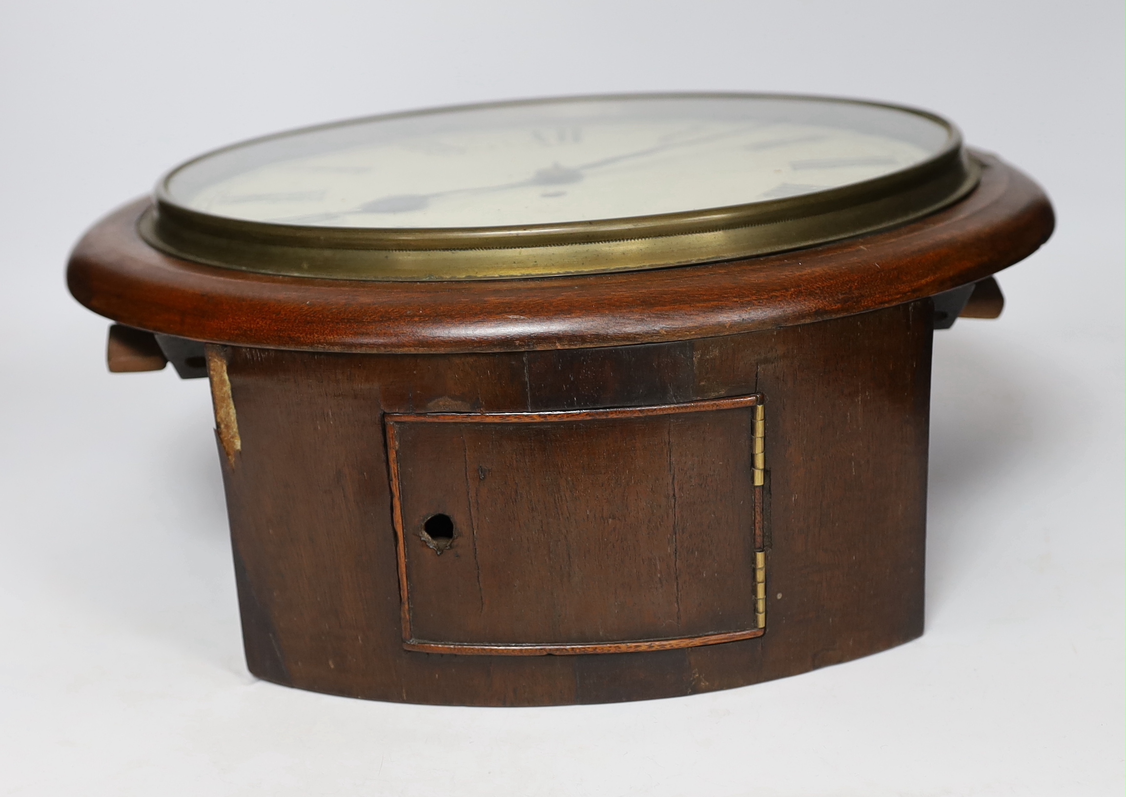 A Victorian mahogany fusee wall clock with pendulum and key, 38cm high